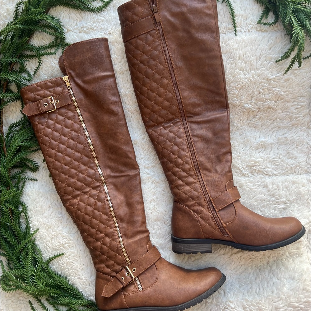Brown Quilted Knee-High Boots